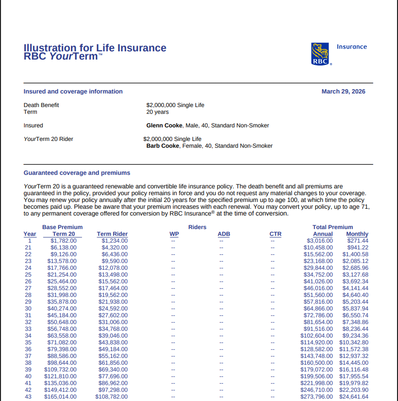 Life insurance company quote — overwhelming tables of numbers
